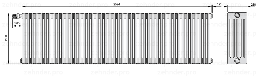 Схема (чертеж) Радиатор Zehnder Charleston 6110/44 №V012 Белый глянцевый RAL 9016